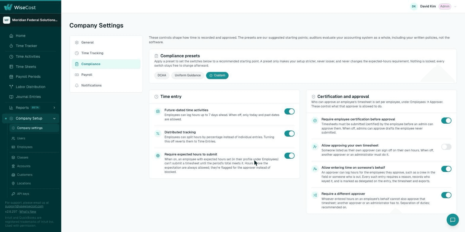 Compliance settings showing the preset chips, the Time entry card and the Certification and approval card