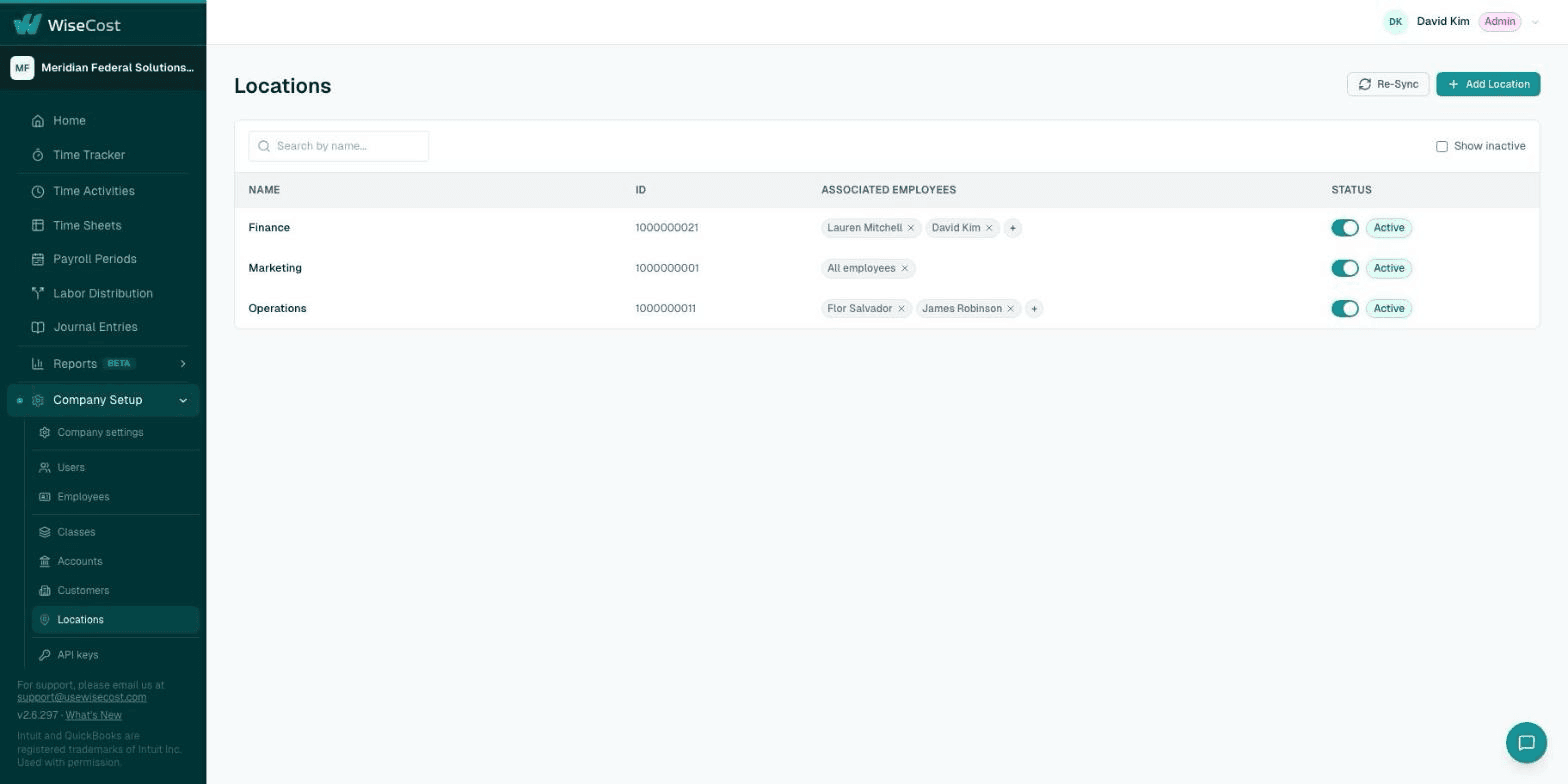 Locations list synced from QuickBooks