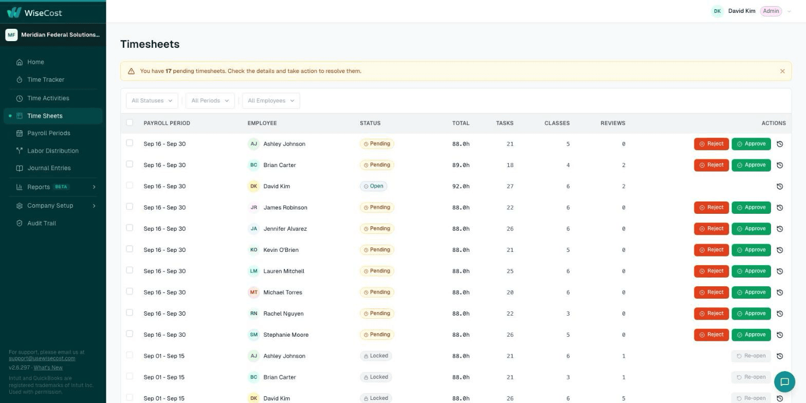 Timesheets approval list with status badges
