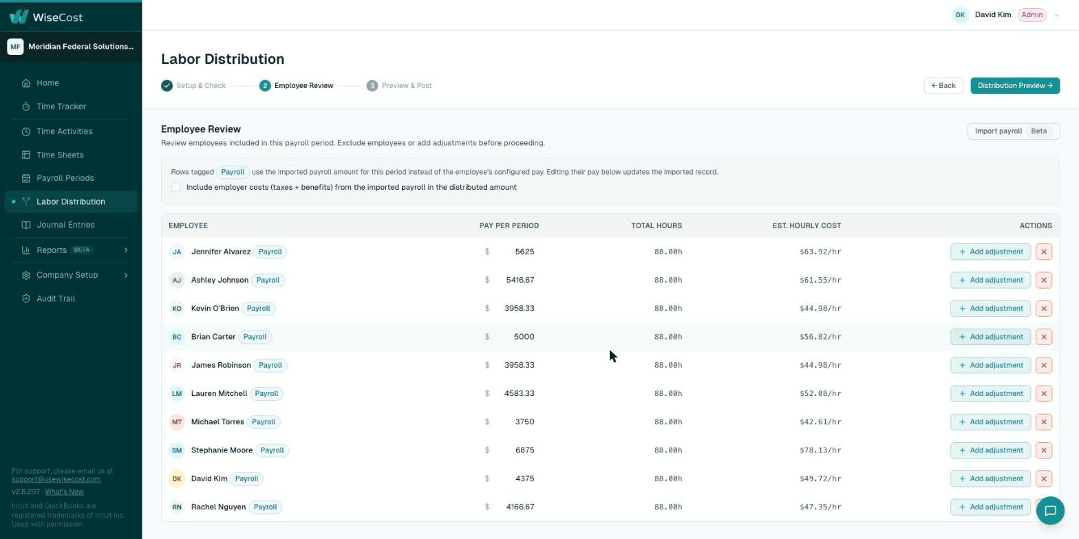 Employee review step listing each employee's hours and pay for the period