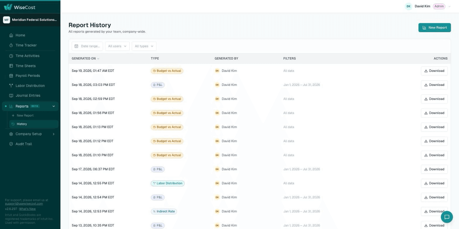 Report History list with a Download action per report