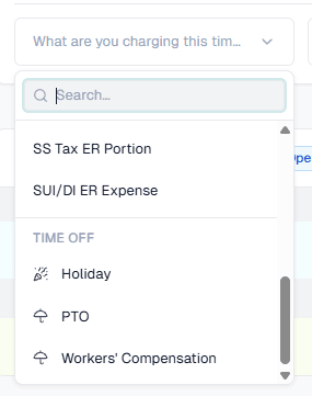 Account picker with the Time off group listing Holiday and PTO