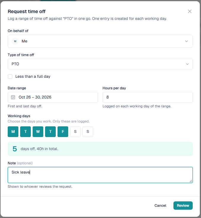 Request time off form with the date range, hours per day and working days