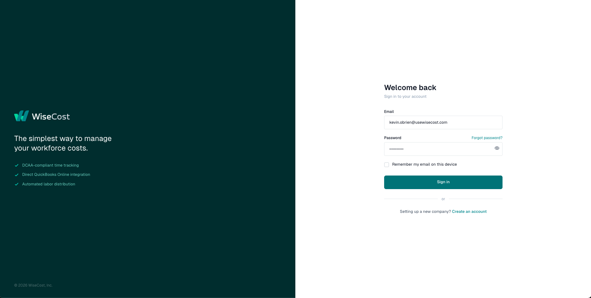 WiseCost login page