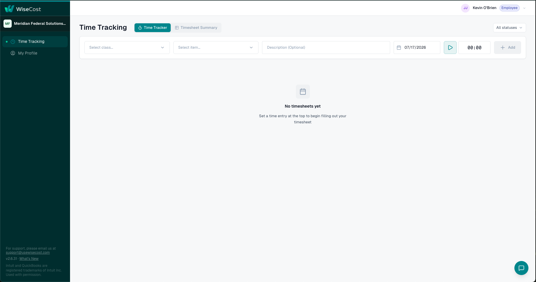 WiseCost Time Tracking screen for employees