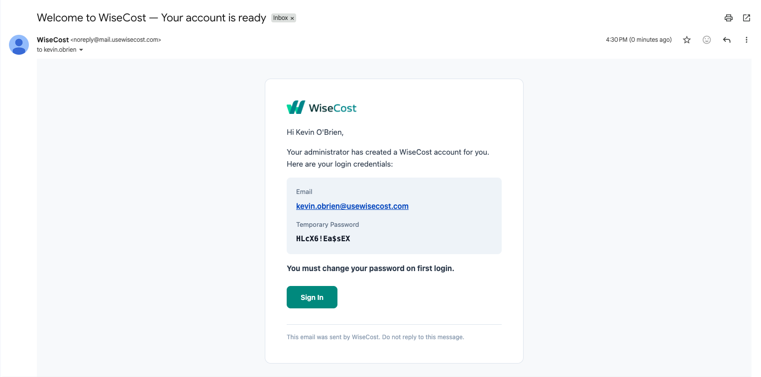 WiseCost welcome email with login credentials and temporary password