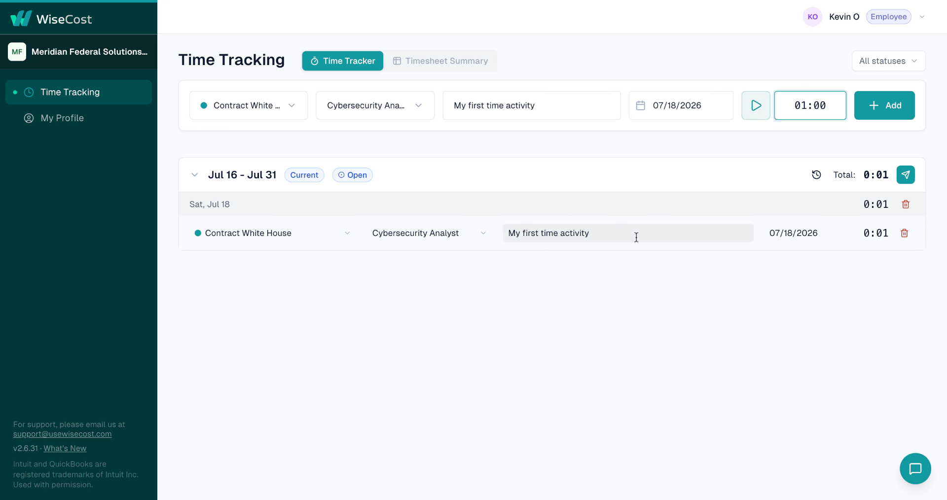 Time activity added to an open timesheet