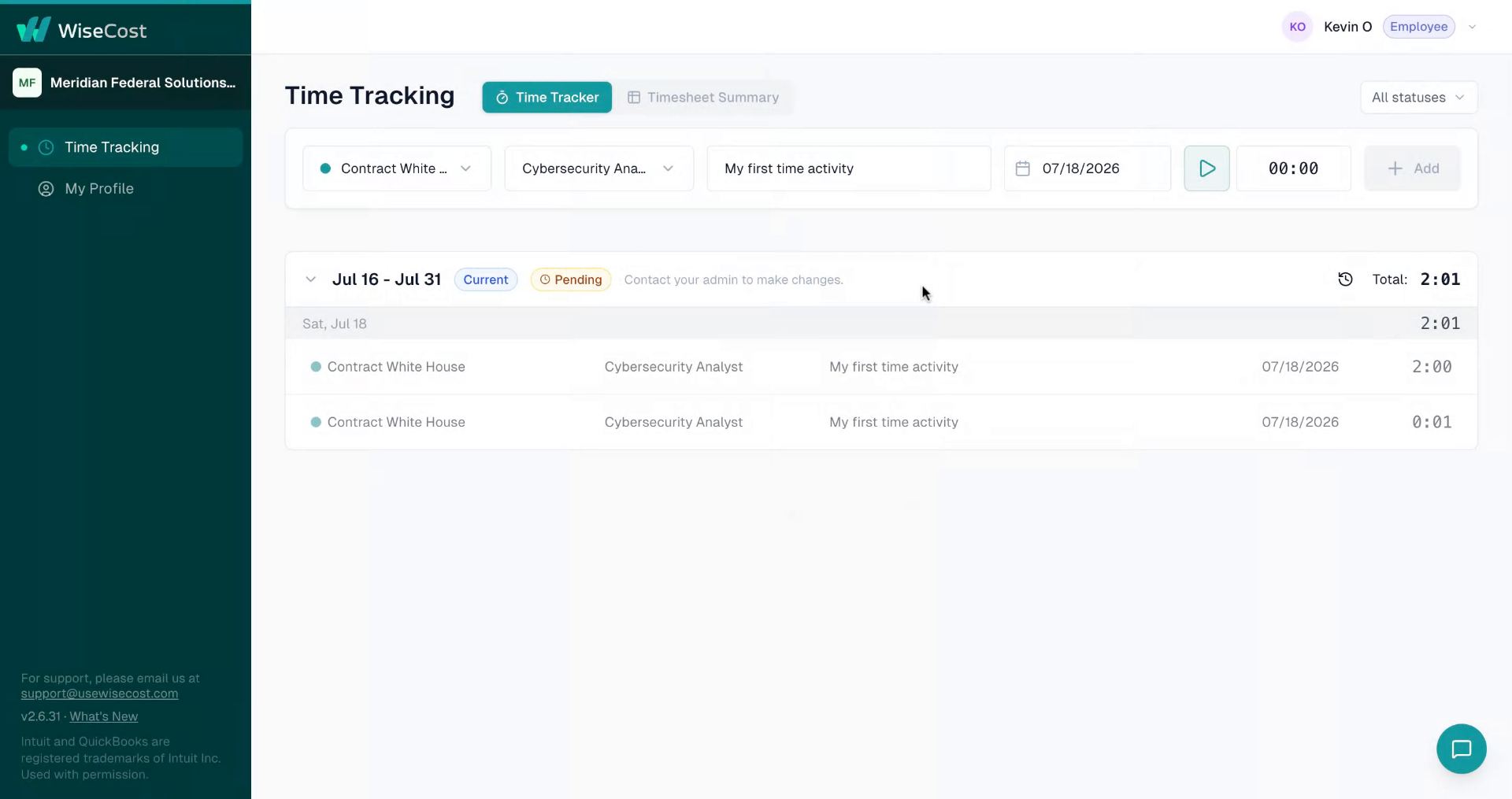 Timesheet in Pending status awaiting approval