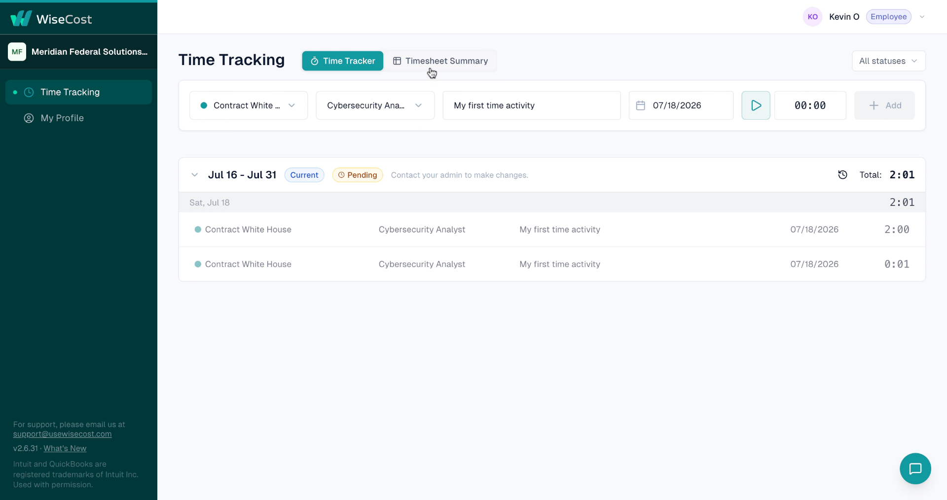 Timesheet Summary grid view