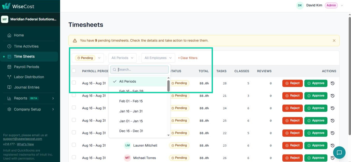 Filtering timesheets by status, period, or employee