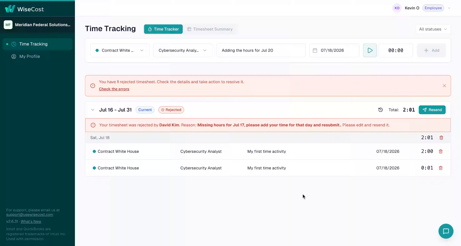 Timesheet in Rejected status